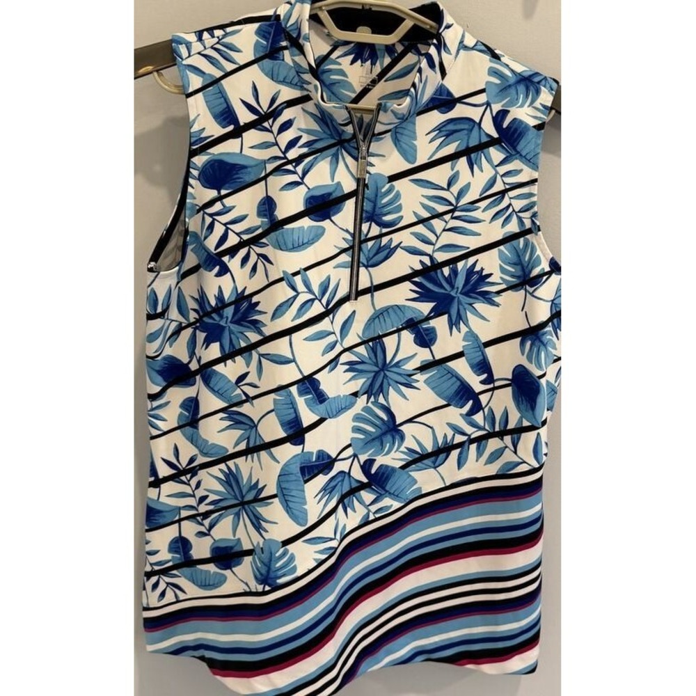 Tail Tennis White Blue Leaf Print Sleeveless 1/4 Zip Shirt Diagonal Stripe XL